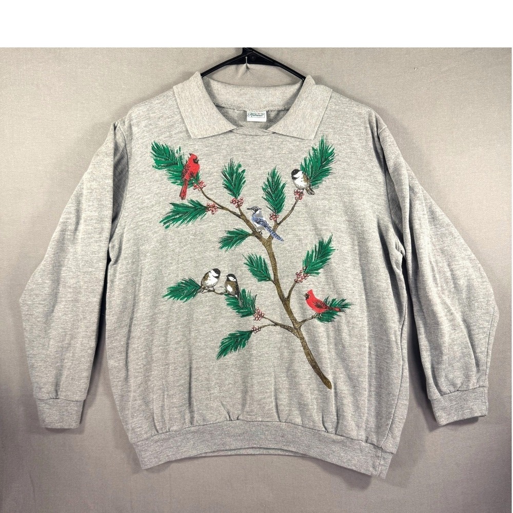Vintage 90s Birds Animal Nature Sweatshirt Sweater Crewneck Size Large Gray